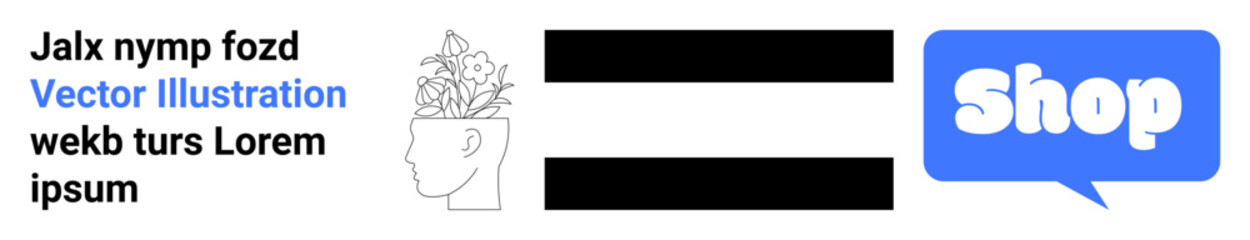 Black and white sketch of a head with flowers on top and blue speech bubble containing the word Shop. Ideal for e-commerce, online shopping, mental health, creativity, and banners. Banner for landing