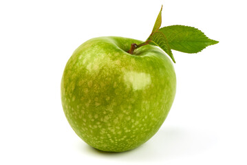 Green apple granny smith with leaf and water drops, isolated on white background.