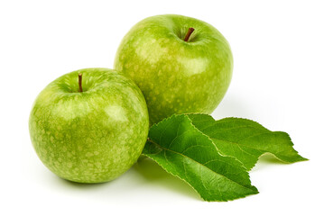 Green apple granny smith with leaf and water drops, isolated on white background.