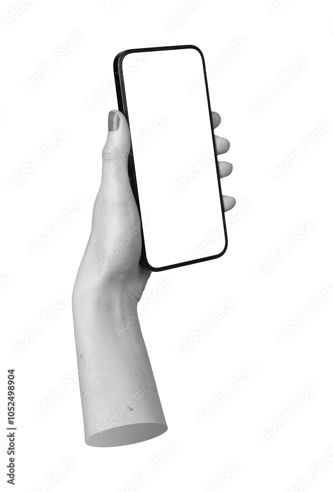 Aufkleber woman s hand holding a smartphone vertically, isolated on a white background. the screen is blank, o
