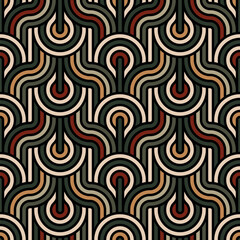 Seamless abstract geometric pattern with multicolored concentric circles and wavy lines in vintage colors on a black background. Ethnic traditional design in modern contemporary style. 