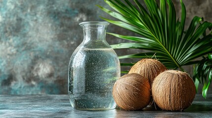 Glass bottle of coconut water with three coconuts and palm leaves on a textured background.