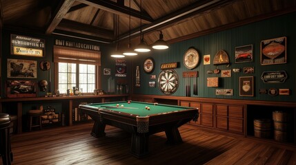 A rustic game room with a pool table, dartboard, and vintage signs on the walls.