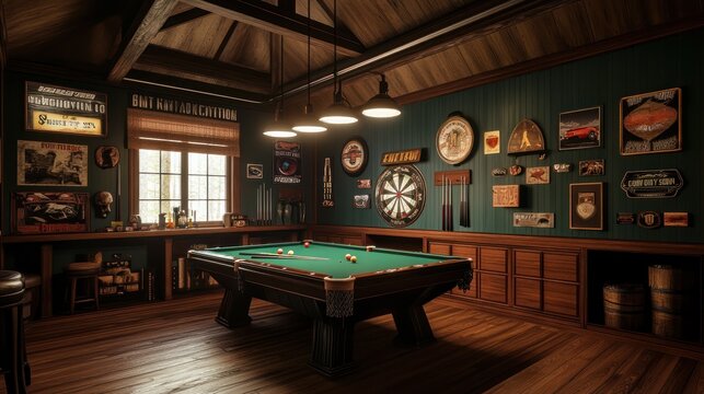 A rustic game room with a pool table, dartboard, and vintage signs on the walls.