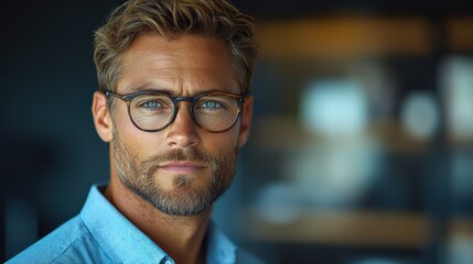 Fototapeta premium A handsome man with glasses poses confidently in a well-lit modern office setting during the afternoon