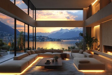 Fototapeta premium A modern living room illuminated by the warm glow of sunset over a serene lake and snow-capped mountains.