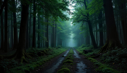 Fototapeta premium Misty forest pathway with lush greenery under a dark, moody atmosphere 