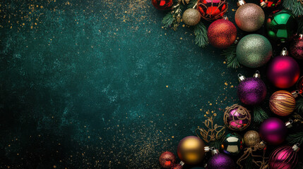 A cluster of red and gold Christmas baubles on a textured green backdrop, perfect for creating a luxurious holiday atmosphere.