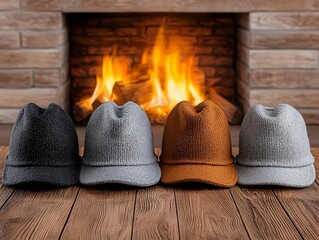 Fototapeta premium Art cozy hats wearing Warm and cozy winter hats collection displayed by a charming fireplace setting perfect for seasonal fashion inspiration