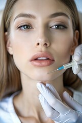 Woman receiving cosmetic treatment at a clinic with a sleek modern aesthetic during daylight hours. Generative AI