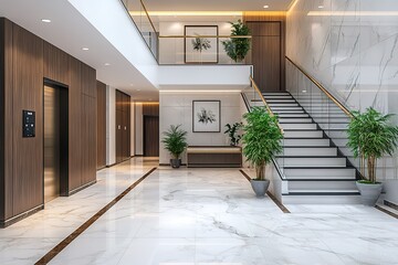 A modern and elegant lobby area with a marble floor, elevator, and a grand staircase.