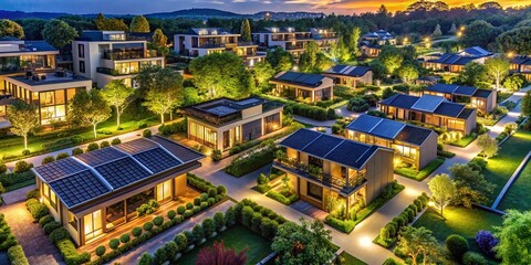 Naklejka premium Sustainable Green Modern Residential Area at Night - Eco-Friendly Living Spaces with Illuminated Gardens and