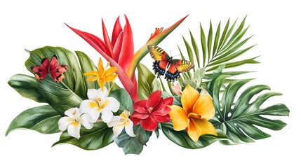 A vibrant arrangement of tropical flowers and leaves, featuring a butterfly, showcasing the beauty of nature's colors and diversity.