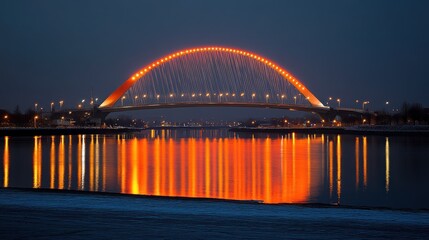 Naklejka premium Illuminated arch bridge reflected in water at night.