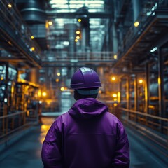 Male industrial worker in a purple helmet observing a large factory interior.