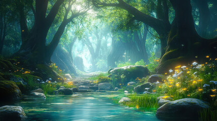 Fototapeta premium Enchanting Fantasy Forest with Mystical Stream and Glowing Flora in a Magical Realm