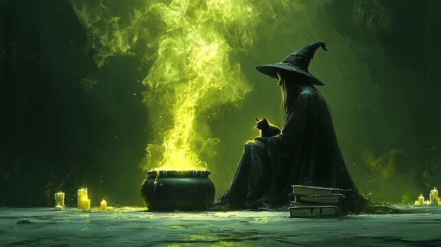 Witch with a black cat, witch in a dark cloak with a pointed hat, holding a black cat in her arms while sitting next to a cauldron emitting thick green smoke