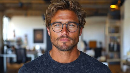 Obraz premium A serious young man with glasses poses confidently in a modern office setting with soft lighting and blurred background elements