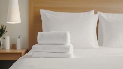 Neatly arranged white towels on a neatly made bed in a modern hotel room with minimalistic decor