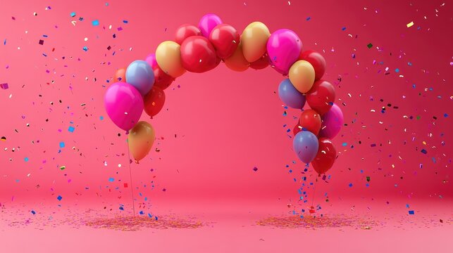 Vibrant balloon arch with colorful confetti celebrating joyous occasions and festivities