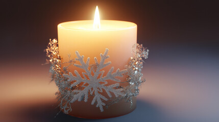 Elegant candle with silver snowflake decoration, warm glow on dark background, festive winter ambiance perfect for holiday decor and seasonal elegance.