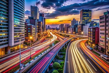 Obraz premium Timelapse of Japanese Highways with Light Trails in Osaka at Dusk