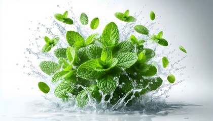 Vibrant green mint leaves surrounded by dynamic water splashes, creating a burst of freshness and aromatics on a white background.