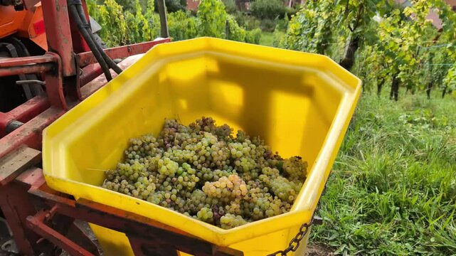 A worker pouring grapes from a bucket into a large yellow can for transportation. Harvest period 4k, slow motion