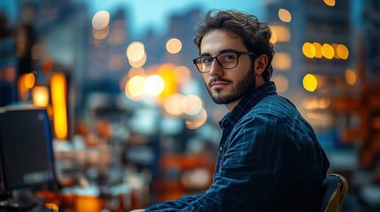 Obraz premium Young Caucasian male with glasses in an urban office setting, looking confidently at the camera.