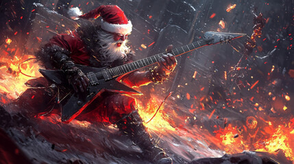 A Santa Claus character plays a black electric guitar amidst fiery flames..