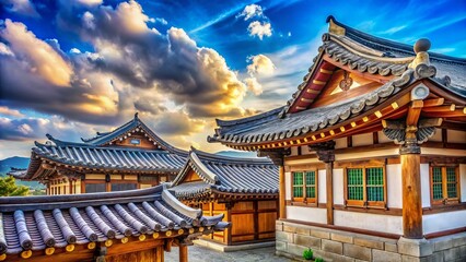 Fototapeta premium Tranquil Clouds Over Traditional Korean Hanok Architecture in South Korea