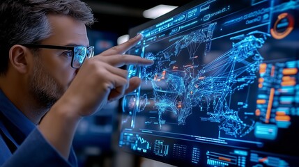 A man wearing glasses points at a digital map showing network connections.