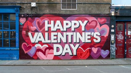 A graffiti mural with hearts says Happy Valentine's Day.