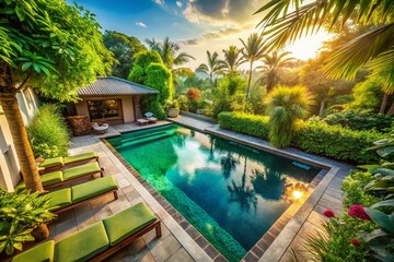 Fototapeta premium Tranquil Poolside View for Summer Vibes – Relaxation and Serenity Awaits