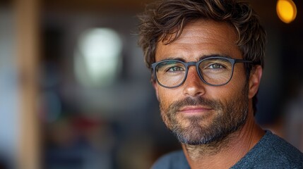 Obraz premium A young man with glasses and tousled hair gazes thoughtfully while standing indoors in a warm and inviting environment