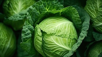Obraz premium Fresh green cabbage heads display intricate leaf patterns, capturing the beauty of natural design and vibrant color.