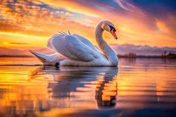 Fototapeta premium Tranquil Swan on Calm Waters: Serene Low Light Nature Photography for Peaceful Atmosphere