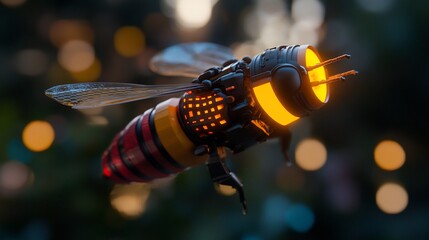 A futuristic, mechanical bee with glowing lights, in flight against a blurred background.
