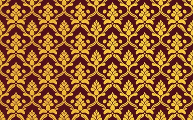 Seamless Golden Thai Kranok Pattern on Maroon, with intricately detailed motifs that form a visually striking and rhythmic design.