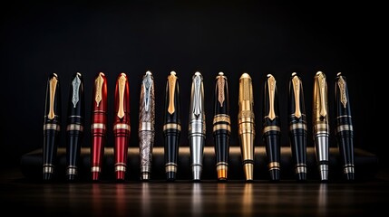 An array of elegant fountain pens display their exquisite craftsmanship and timeless allure against a dark backdrop, symbolizing sophistication.