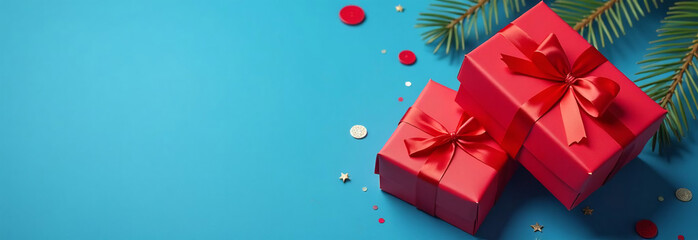 Gift box with red ribbon on blue background with copy space.