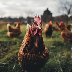 A vibrant image of a curious chicken capturing attention with its lively expression and colorful feathers.