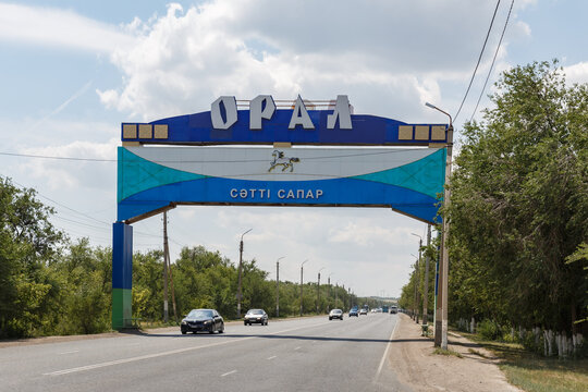 Oral, West Kazakhstan Region, Kazakhstan - July 17, 2024: Exit from city of Oral in Kazakhstan. Entrance arch. Have a good trip. West Kazakhstan Region