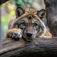 Obraz premium A striking animal with a mix of feline and canine features relaxes on a fallen tree, embodying power and grace.