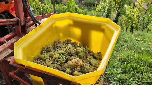 Shotcut of a worker pouring grapes from a bucket into a large yellow can for transportation. Harvest period 4k, slow motion