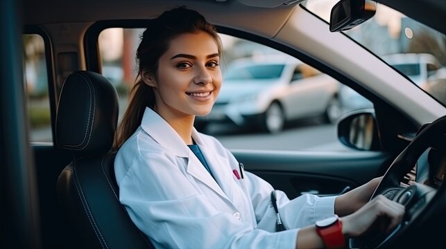 Smiling young female doctor confidently drives her car, symbolizing dedication, fulfillment, and work-life balance under soft street light. - Powered by Adobe