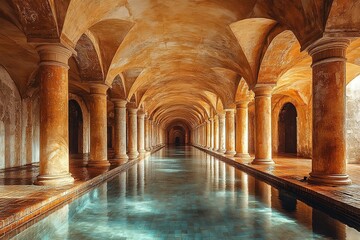 Fototapeta premium An empty indoor pool with reflections in the water and columns on each side, creating a sense of grandeur.