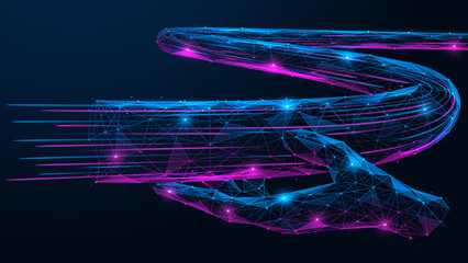 High-speed digital cable in hand. Polygonal design of interconnected lines and dots.