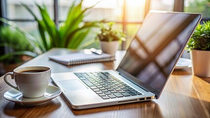 Fototapeta premium Typing Efficiently on a Silver Laptop Keyboard: A High Depth of Field Perspective for Productivity and Workspace