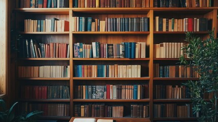 A wooden bookshelf filled with rows of books, with a small plant in the corner.